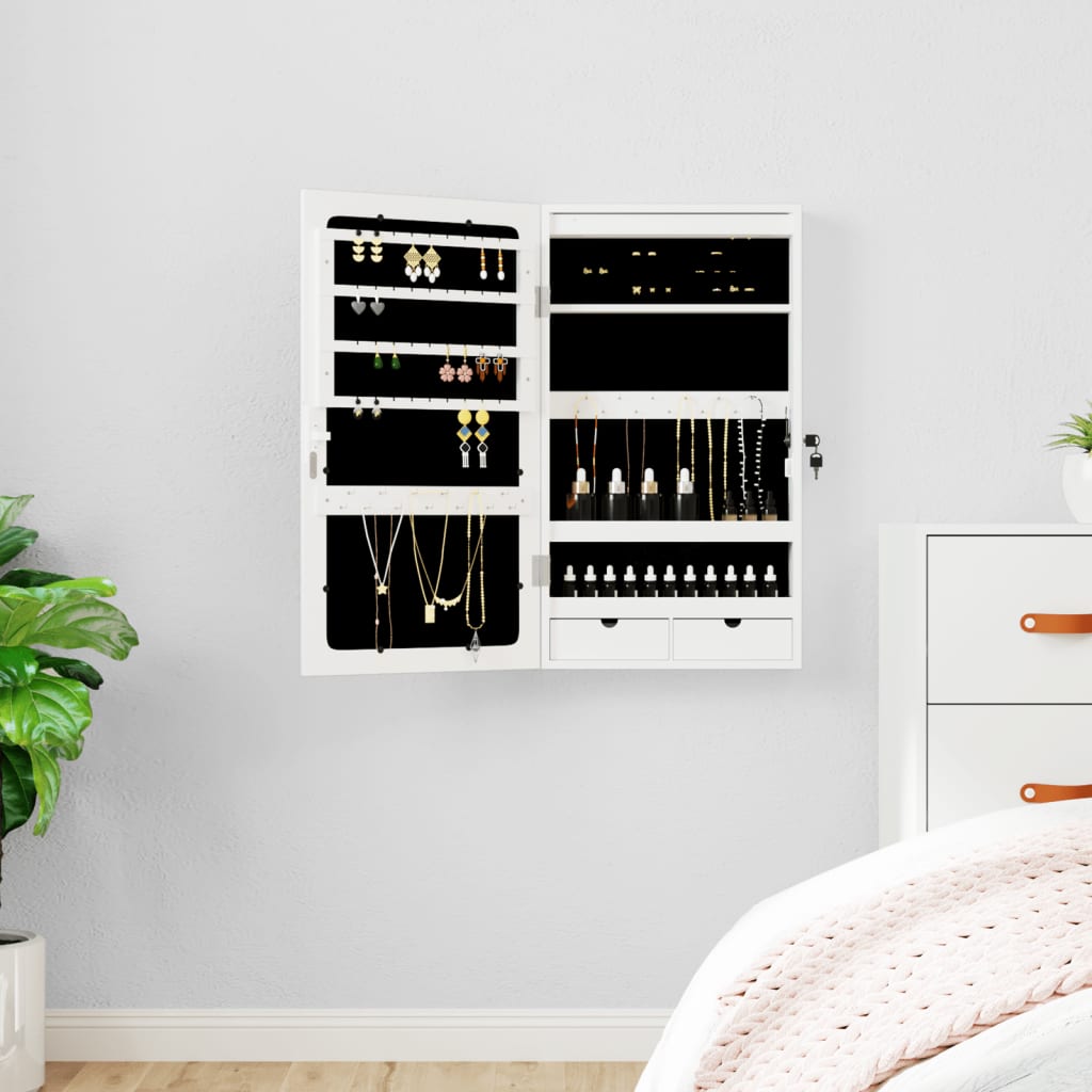 Mirror jewelry cabinet with LED lighting wall mounting white