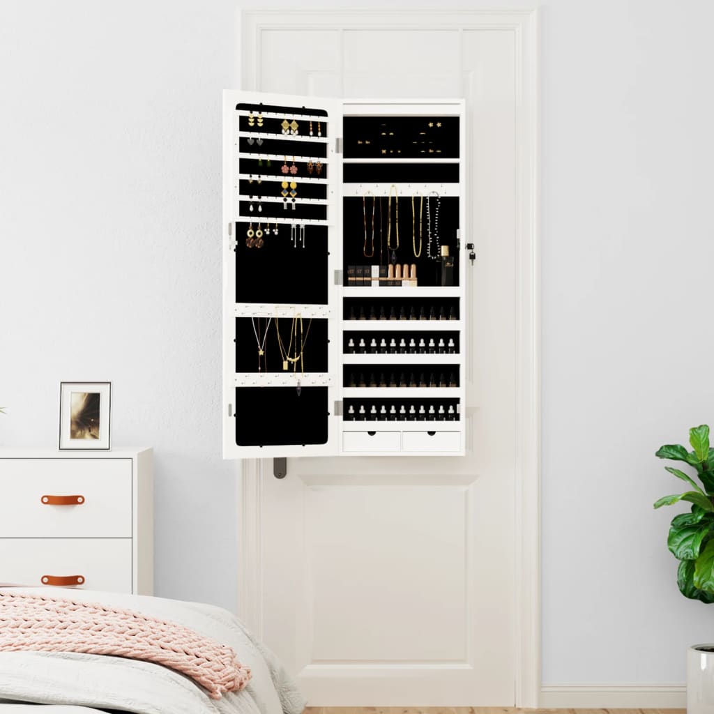 Mirror jewelry cabinet with LED lighting wall mounting white