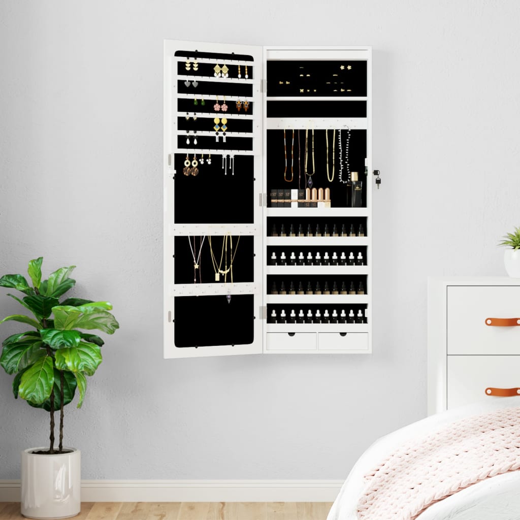 Mirror jewelry cabinet with LED lighting wall mounting white