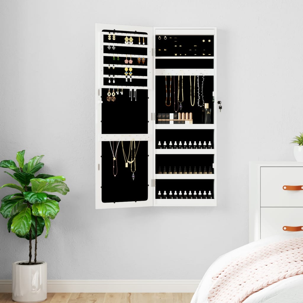 Mirror jewelry cabinet with LED lighting wall mounting white