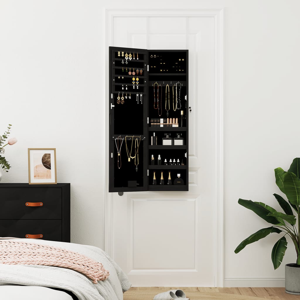 Armoire à bijoux avec miroir avec éclairage LED, fixation murale, noir