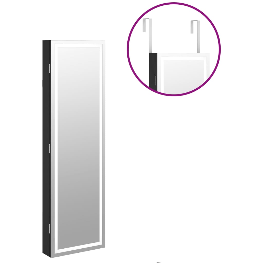 Armoire à bijoux avec miroir avec éclairage LED, fixation murale, noir