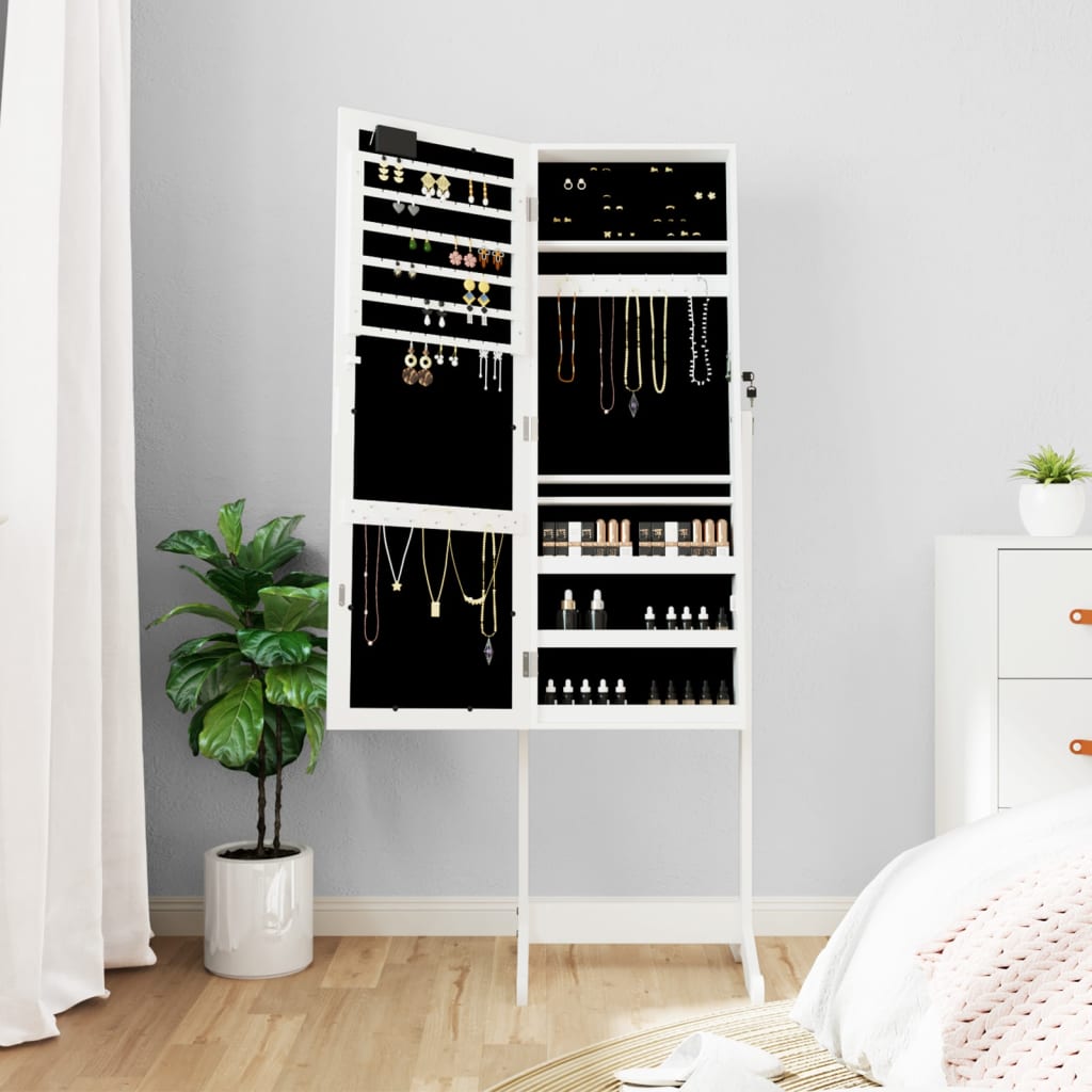 Armoire à bijoux avec miroir et éclairage LED sur pied blanc