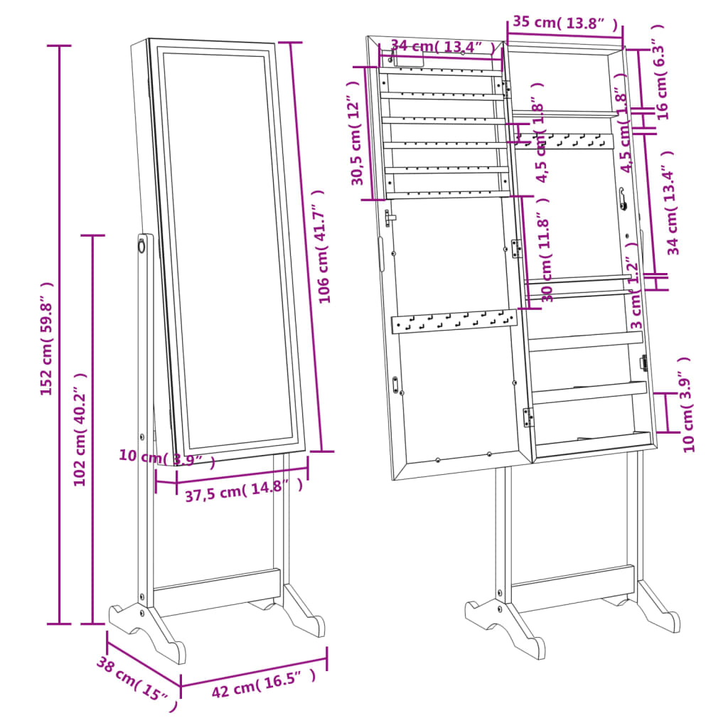Armoire à bijoux avec miroir et éclairage LED sur pied blanc