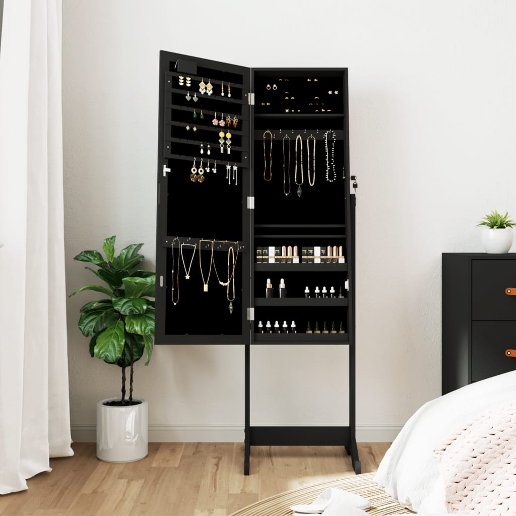 Armoire à bijoux avec miroir et éclairage LED sur pied noir