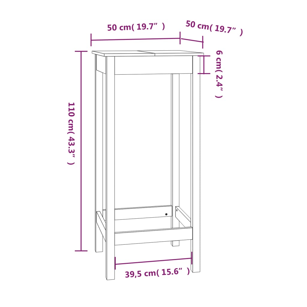 Bar table white 50x50x110 cm solid pine wood