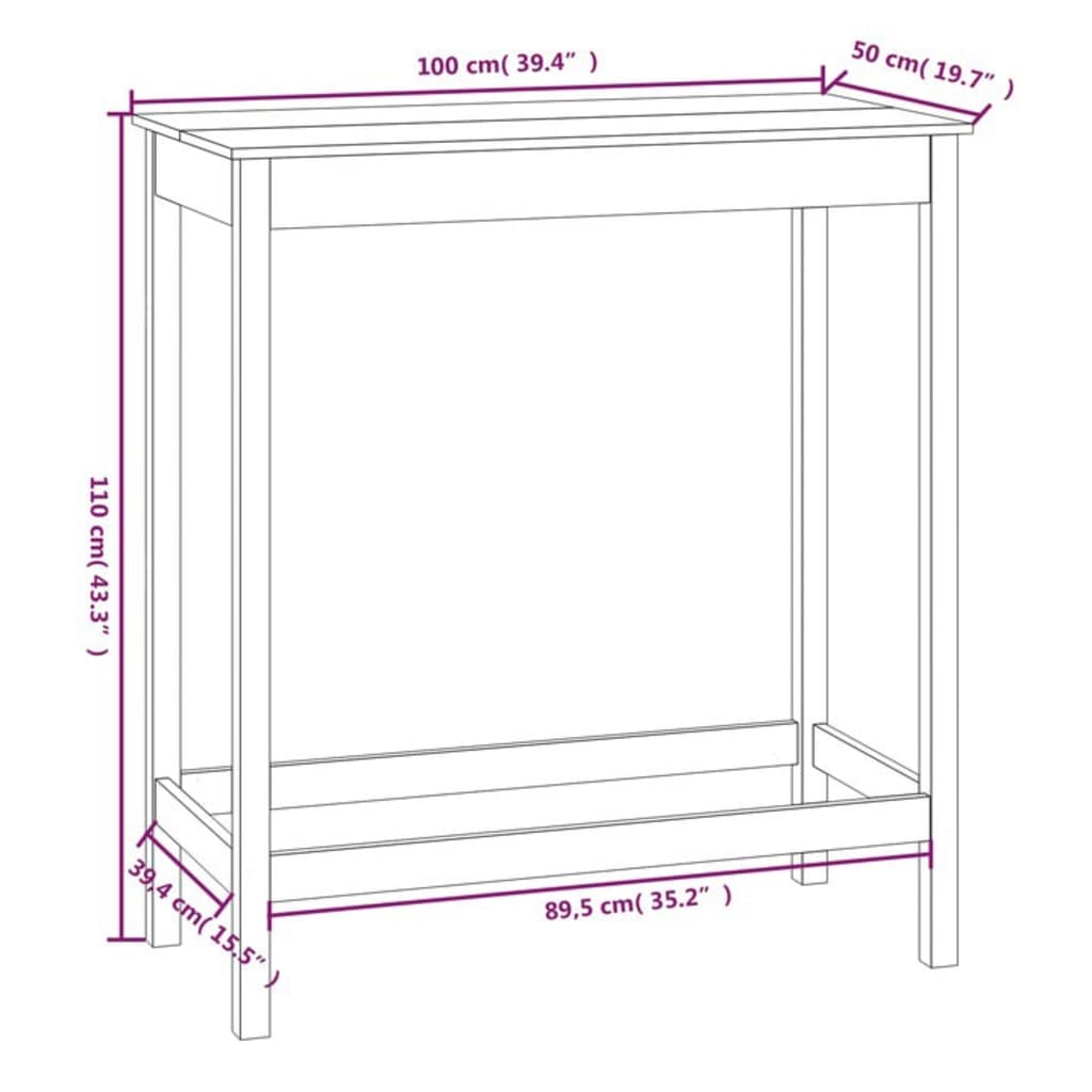 Bar table white 100x50x110 cm solid pine wood