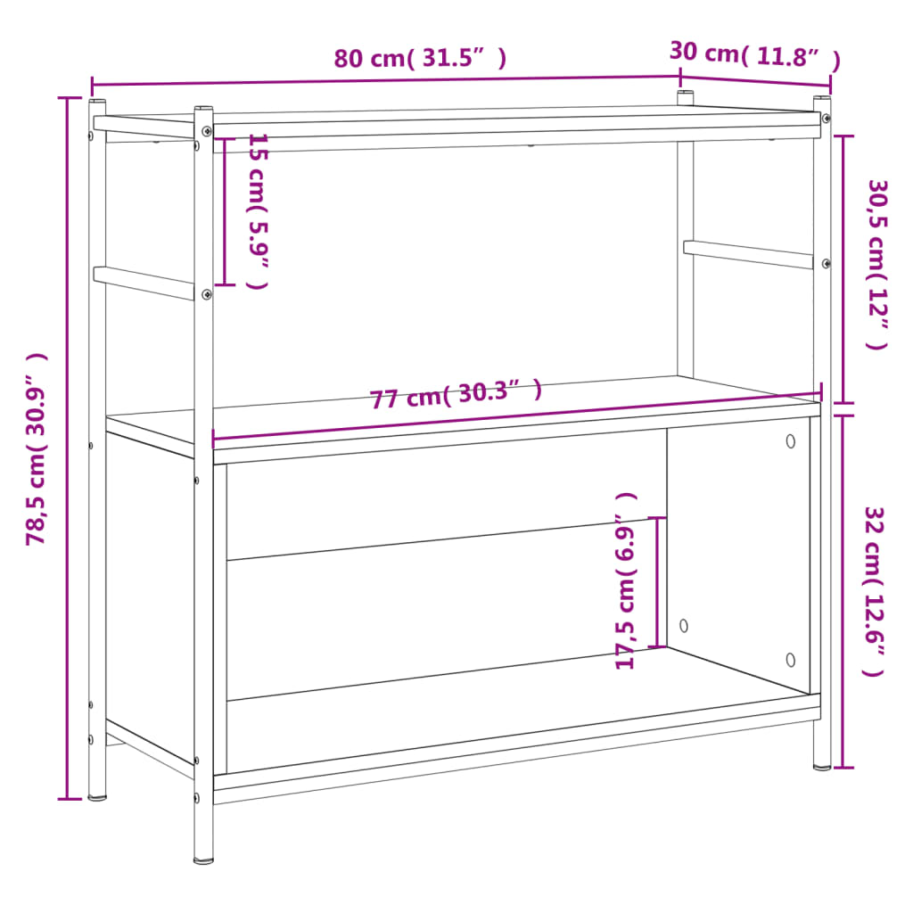 Bibliothèque chêne fumé 80x30x78,5 cm en bois et fer