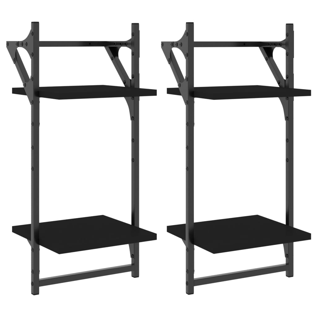Wall shelves with 2 shelves &amp; rods 2 pcs. Black 30x25x65 cm