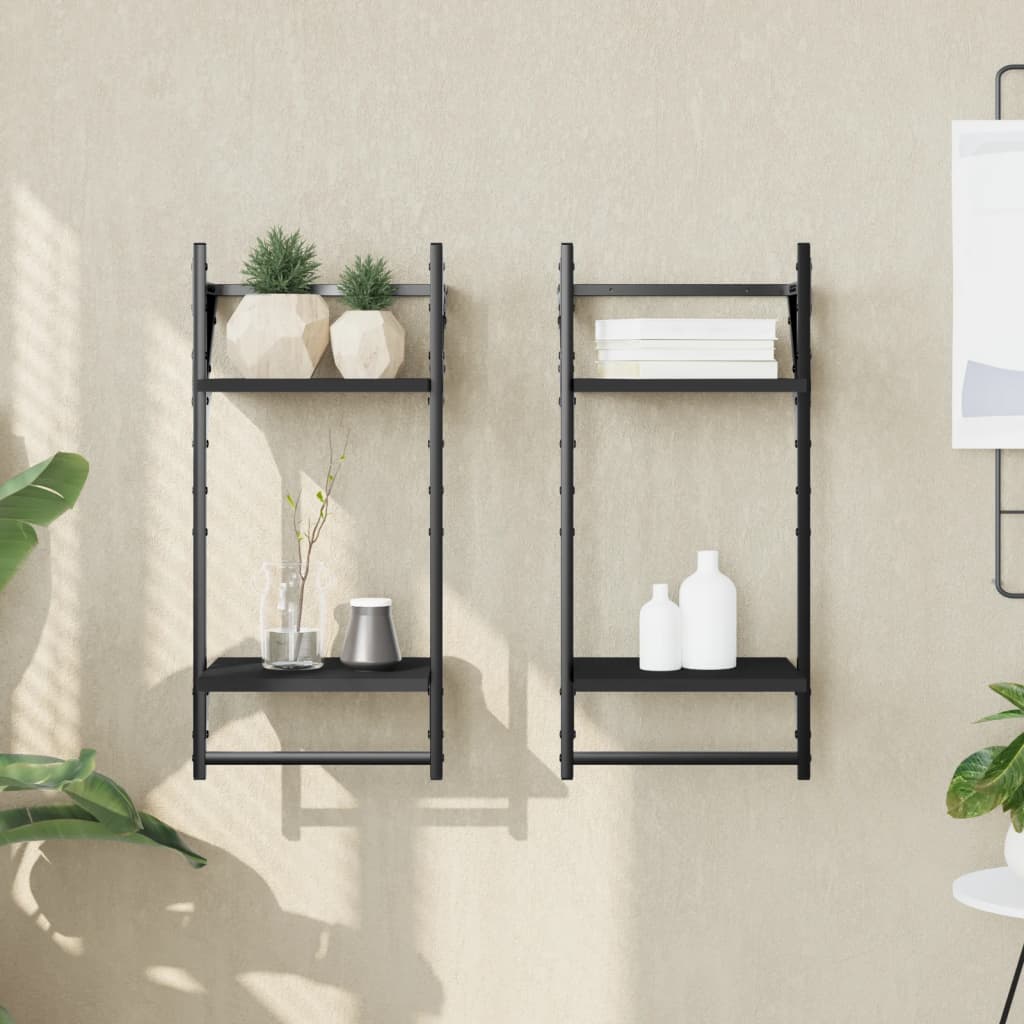 Wall shelves with 2 shelves &amp; rods 2 pcs. Black 30x25x65 cm