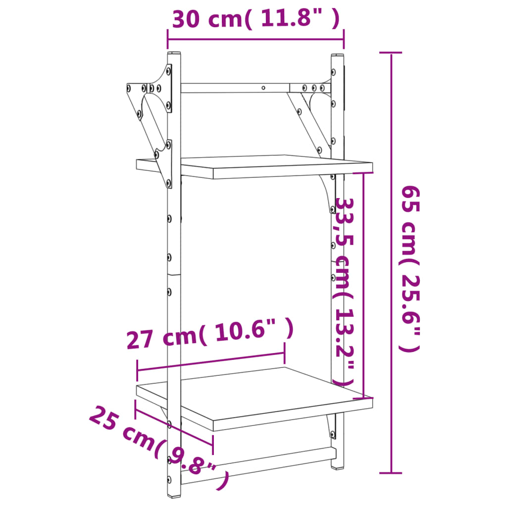 Etagères murales avec 2 étagères &amp; tringles 2 pcs Gris Sonoma 30x25x65cm