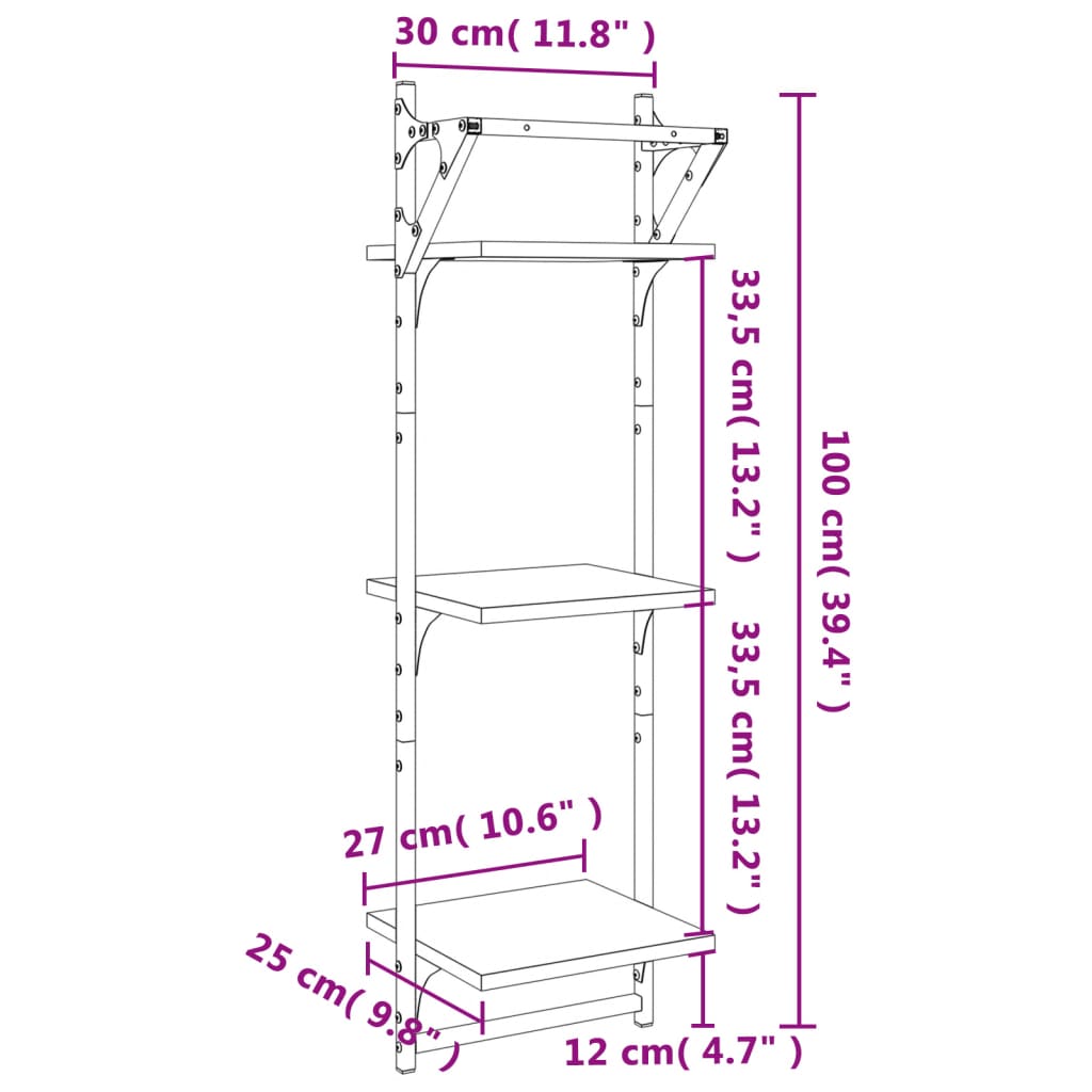 Etagères murales avec 3 étagères et tringles 2 pcs Gris Sonoma