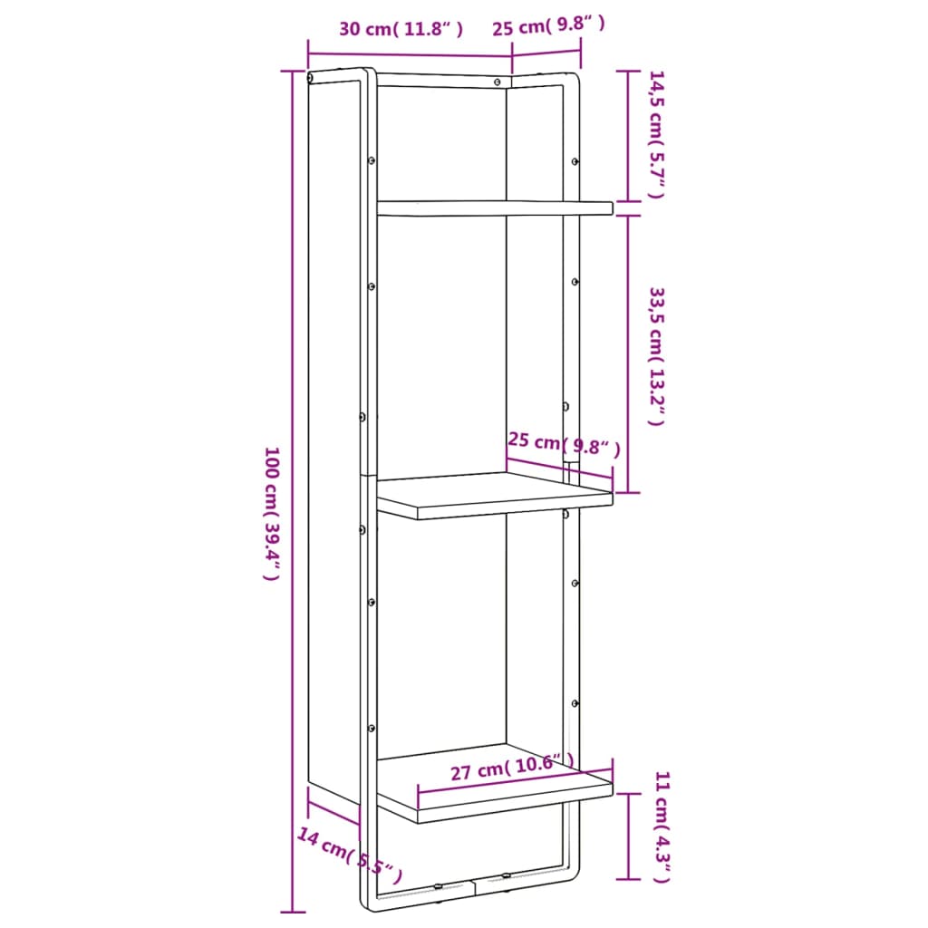 Wall shelf 3 compartments brown oak look 30x25x100cm wood material
