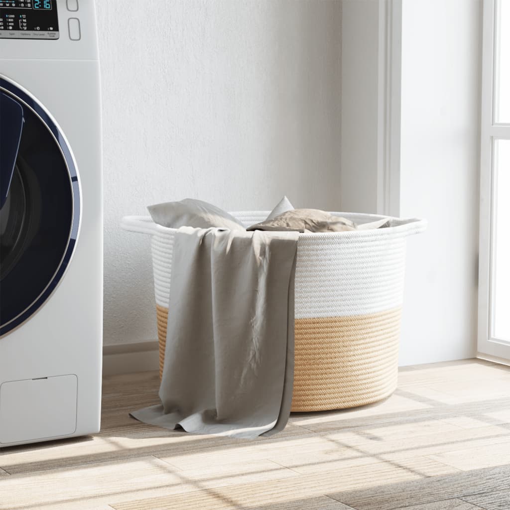 Laundry basket beige and white Ø55x36 cm cotton