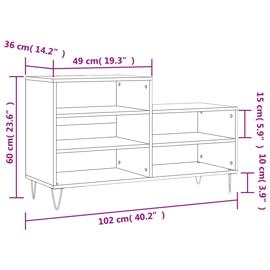 Étagère à chaussures aspect chêne marron 102x36x60 cm en bois