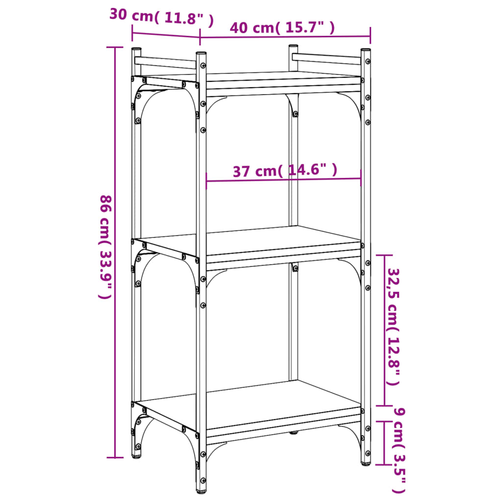 Bookcase 3 shelves brown oak look 40x30x86cm wood material