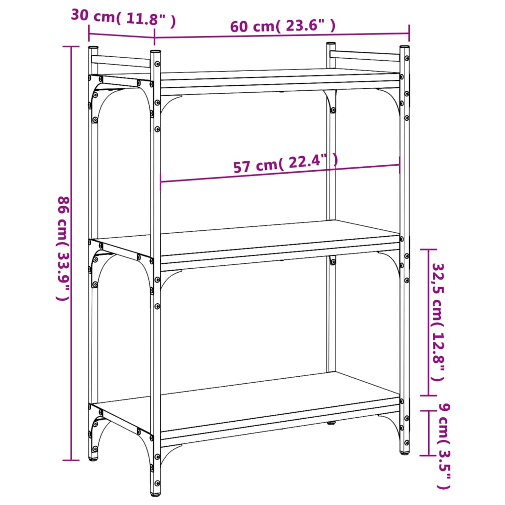 Bookcase 3 shelves smoked oak 60x30x86 cm wood material
