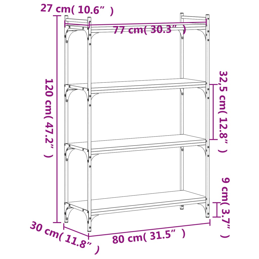 Bibliothèque 4 étagères aspect chêne marron 80x30x120cm matière bois