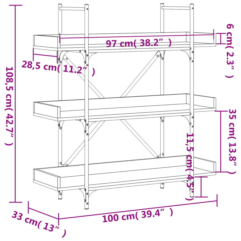 Bookcase 3 shelves smoked oak 100x33x108.5 cm wood material
