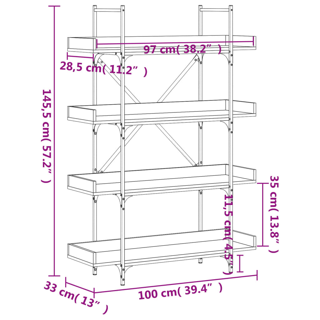 Bookcase 4 shelves brown oak look 100x33x145.5 cm
