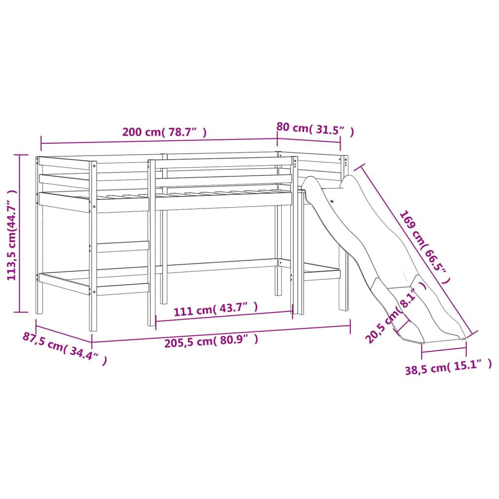 Children's loft bed with slide black 80x200 cm solid pine wood