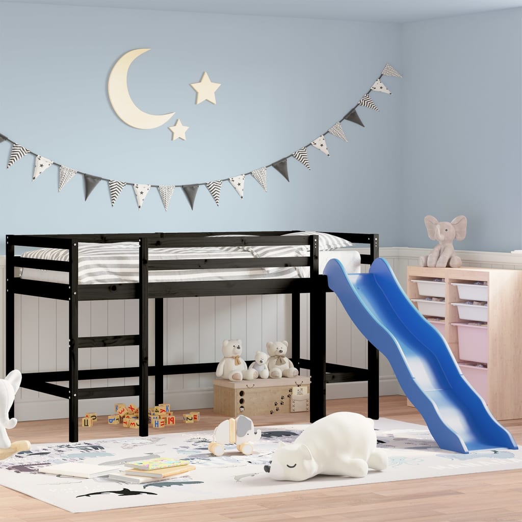 Children's loft bed with slide black 80x200 cm solid pine wood