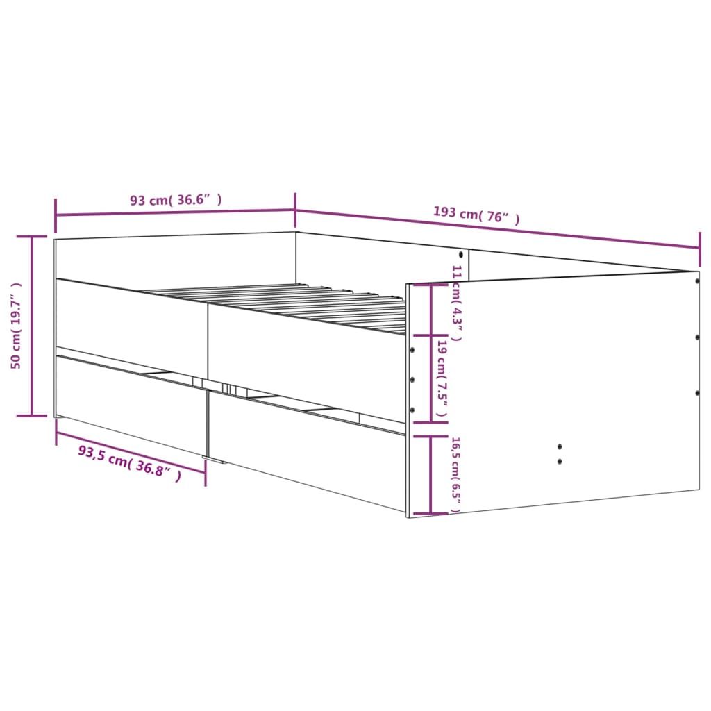 Bettgestell mit Schubladen Grau Sonoma 90x190 cm