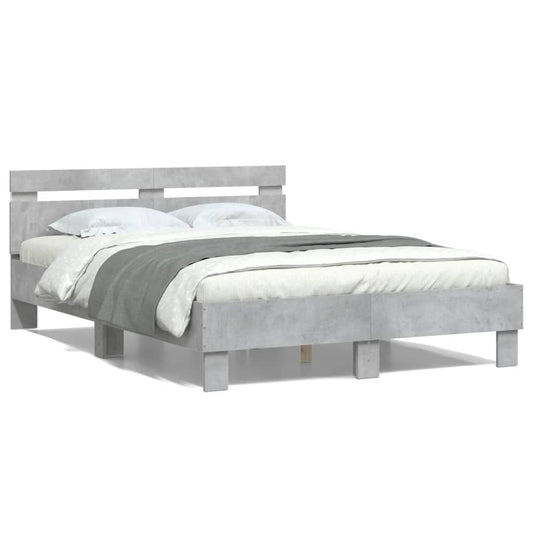 Bettgestell mit Kopfteil LED-Beleuchtung Betongrau 135x190 cm