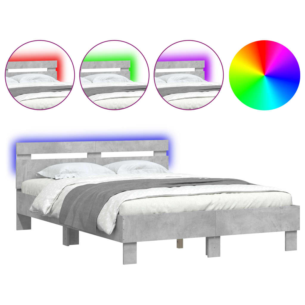 Bettgestell mit Kopfteil LED-Beleuchtung Betongrau 120x190 cm