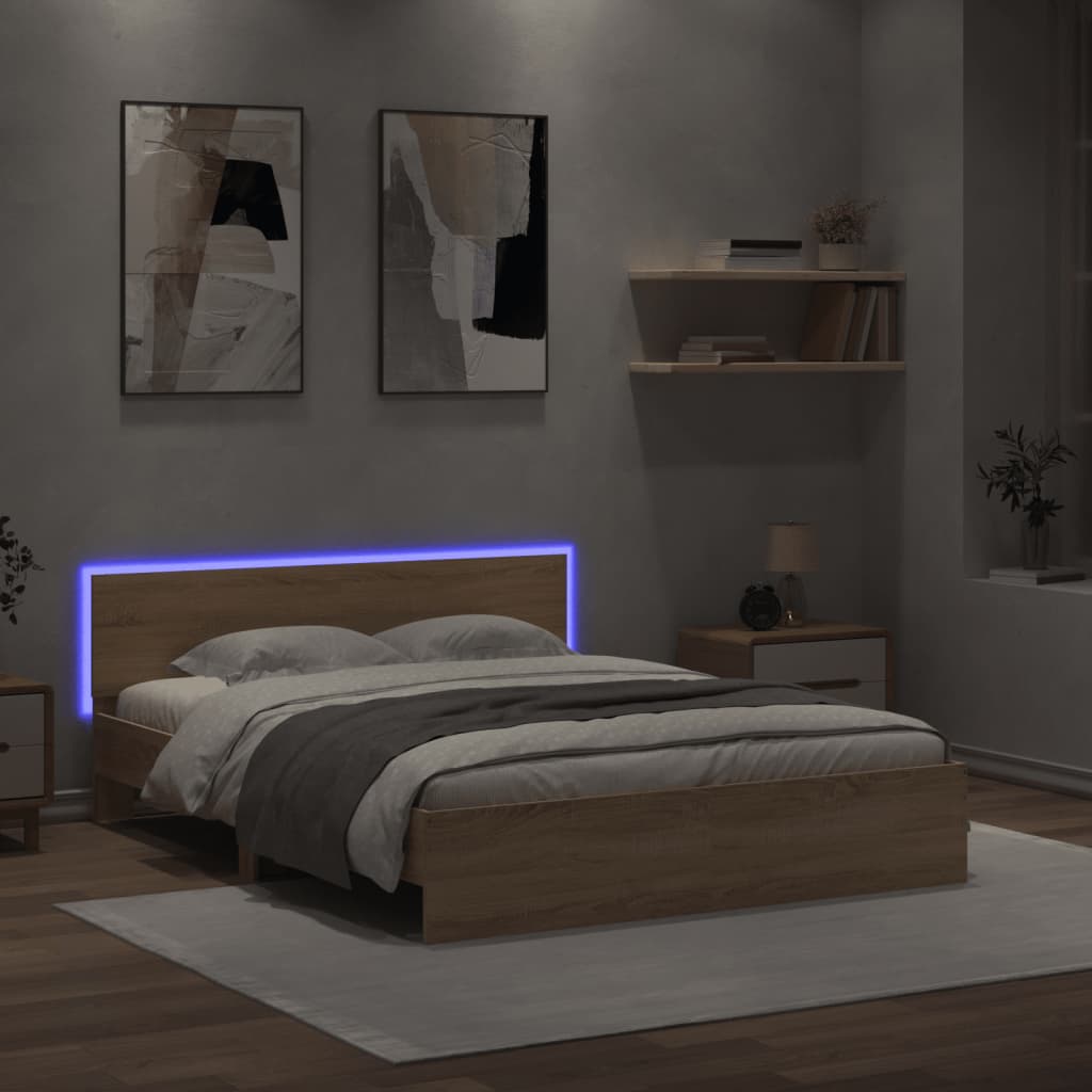 Bettgestell mit Kopfteil und LED-Beleuchtung Sonoma-Eiche