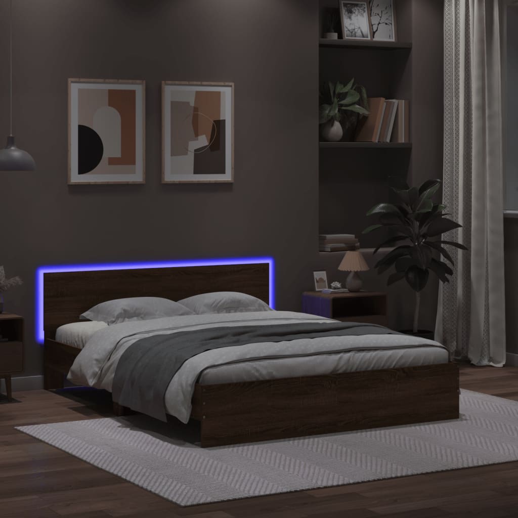 Bettgestell mit Kopfteil und LED-Beleuchtung Braun Eiche-Optik