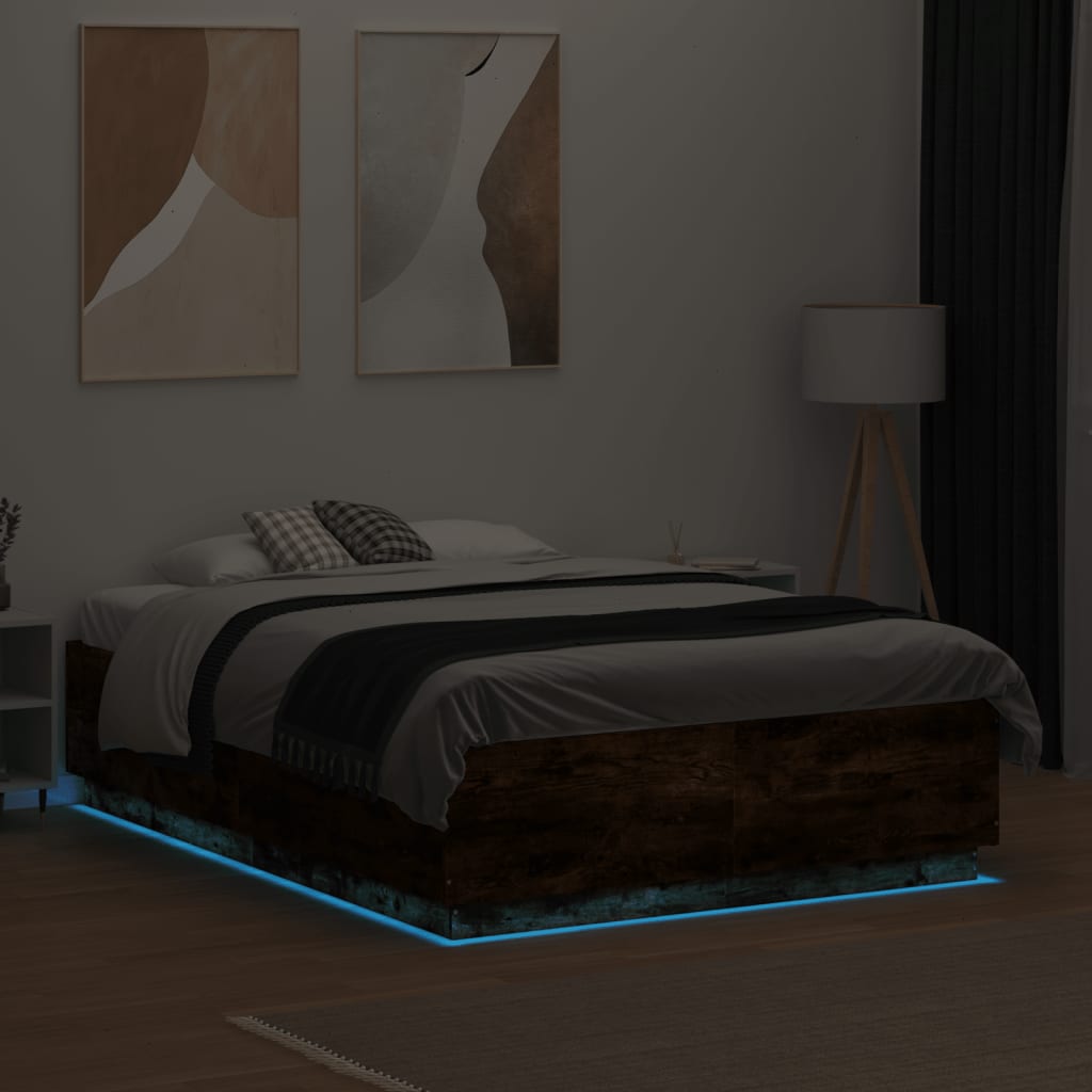 Bettgestell mit LED Räuchereiche 135x190cm Holzwerkstoff