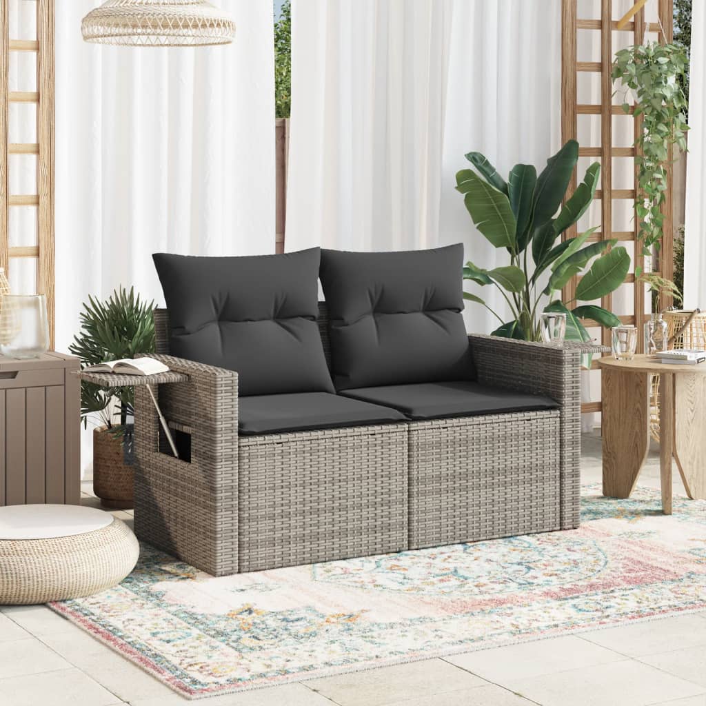 Garden sofa 2 seater with cushions gray poly rattan