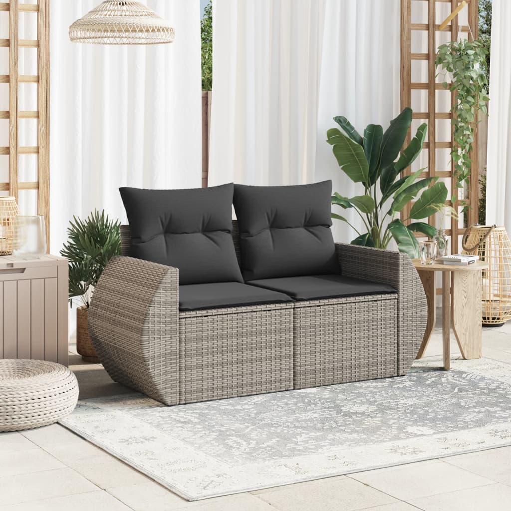 Garden sofa 2 seater with cushions gray poly rattan
