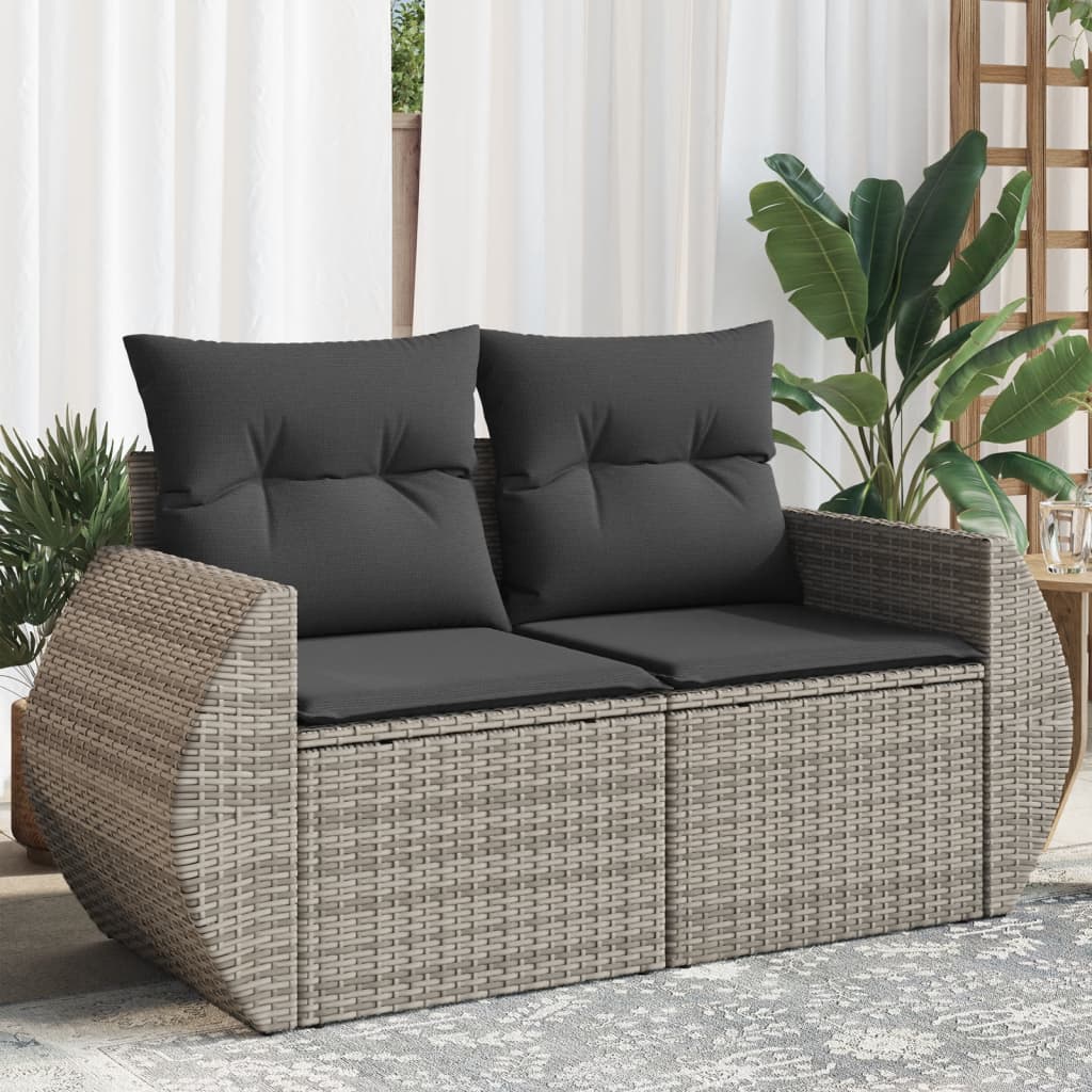 Garden sofa 2 seater with cushions gray poly rattan