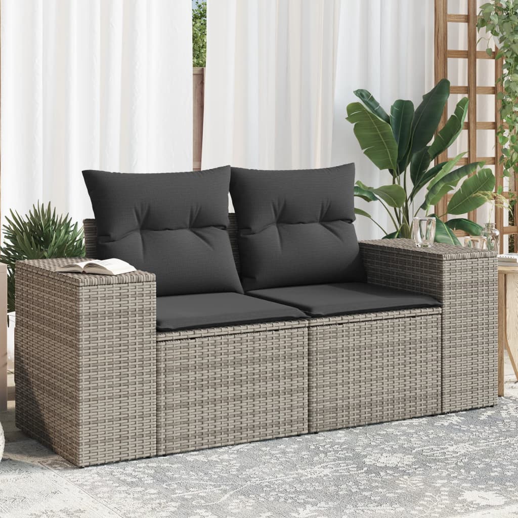 Garden sofa 2 seater with cushions gray poly rattan