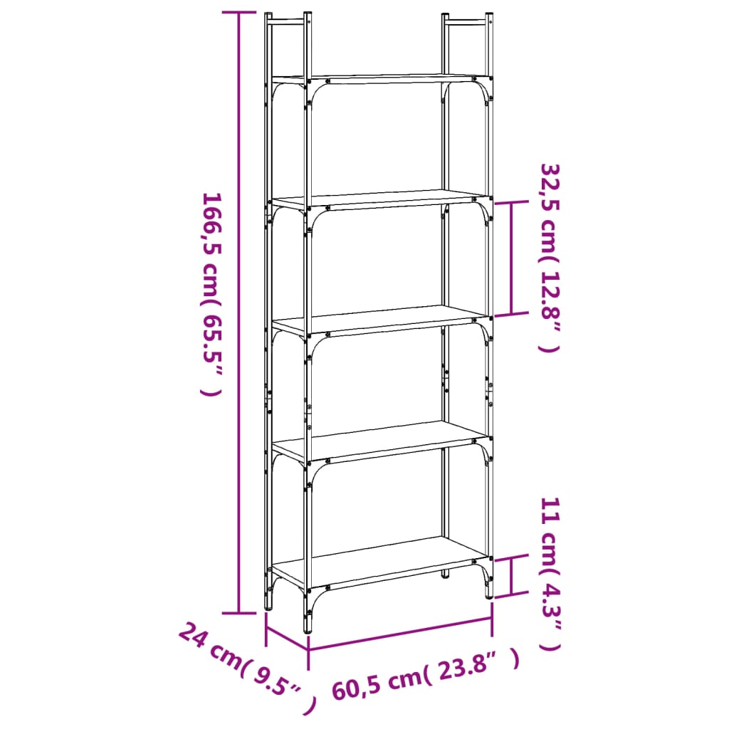 Bookcase 5 shelves smoked oak 60.5x24x166.5 cm wood material