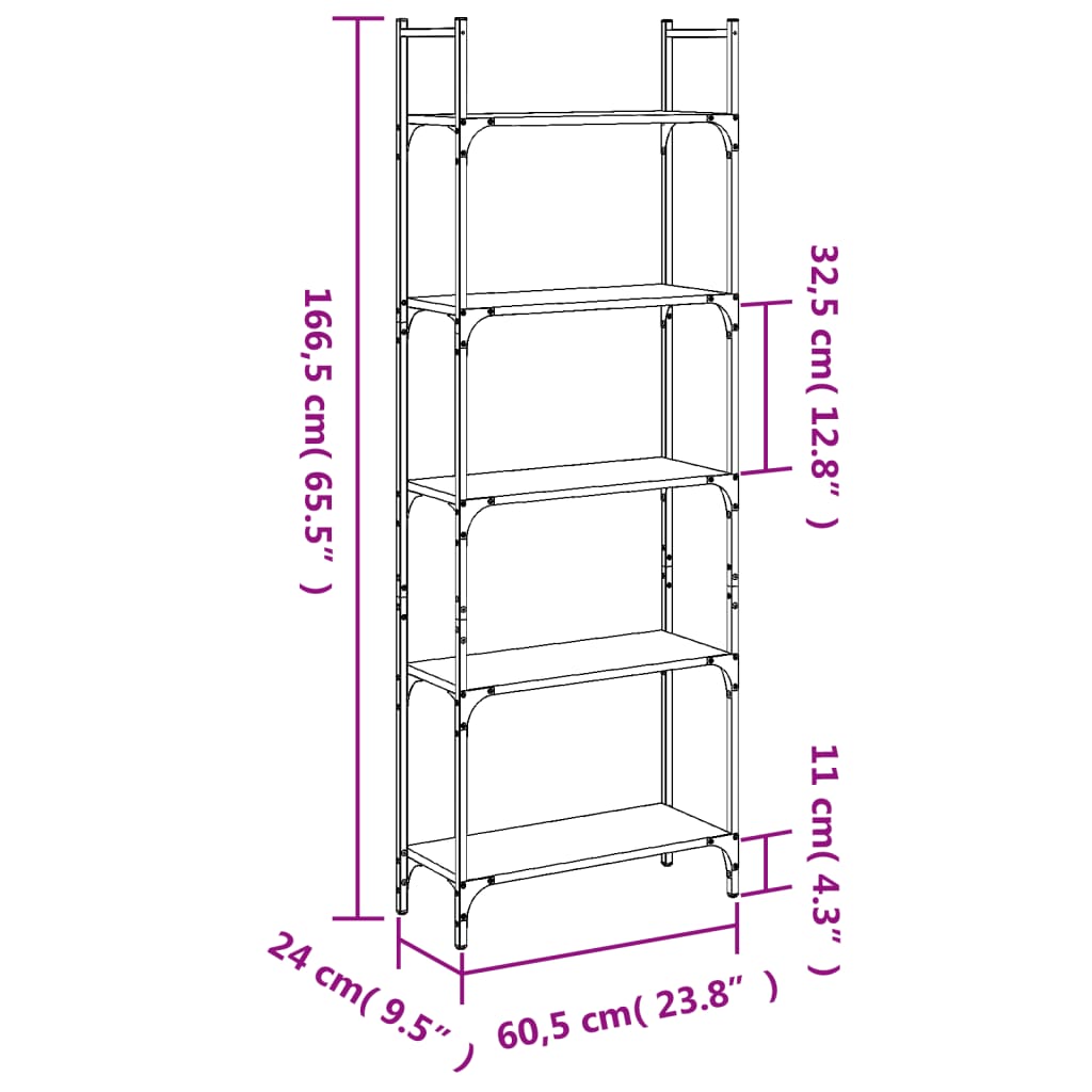 Bookcase 5 shelves brown oak look 60.5x24x166.5 cm
