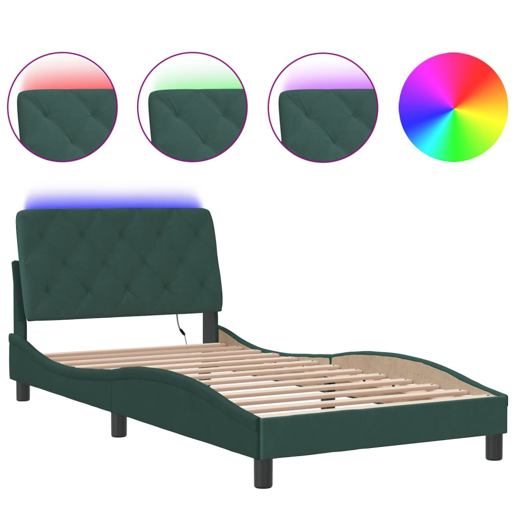 Bettgestell mit LED ohne Matratze Dunkelgrün 100x200 cm Samt