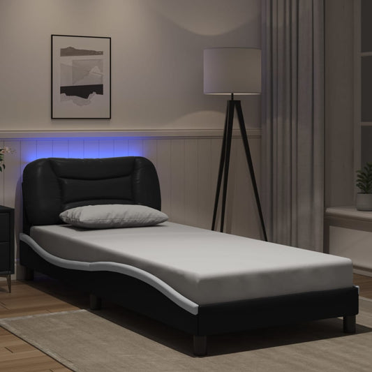 Bettgestell mit LED ohne Matratze "Hvar" Schwarz und Weiß 80x200 cm Kunstleder