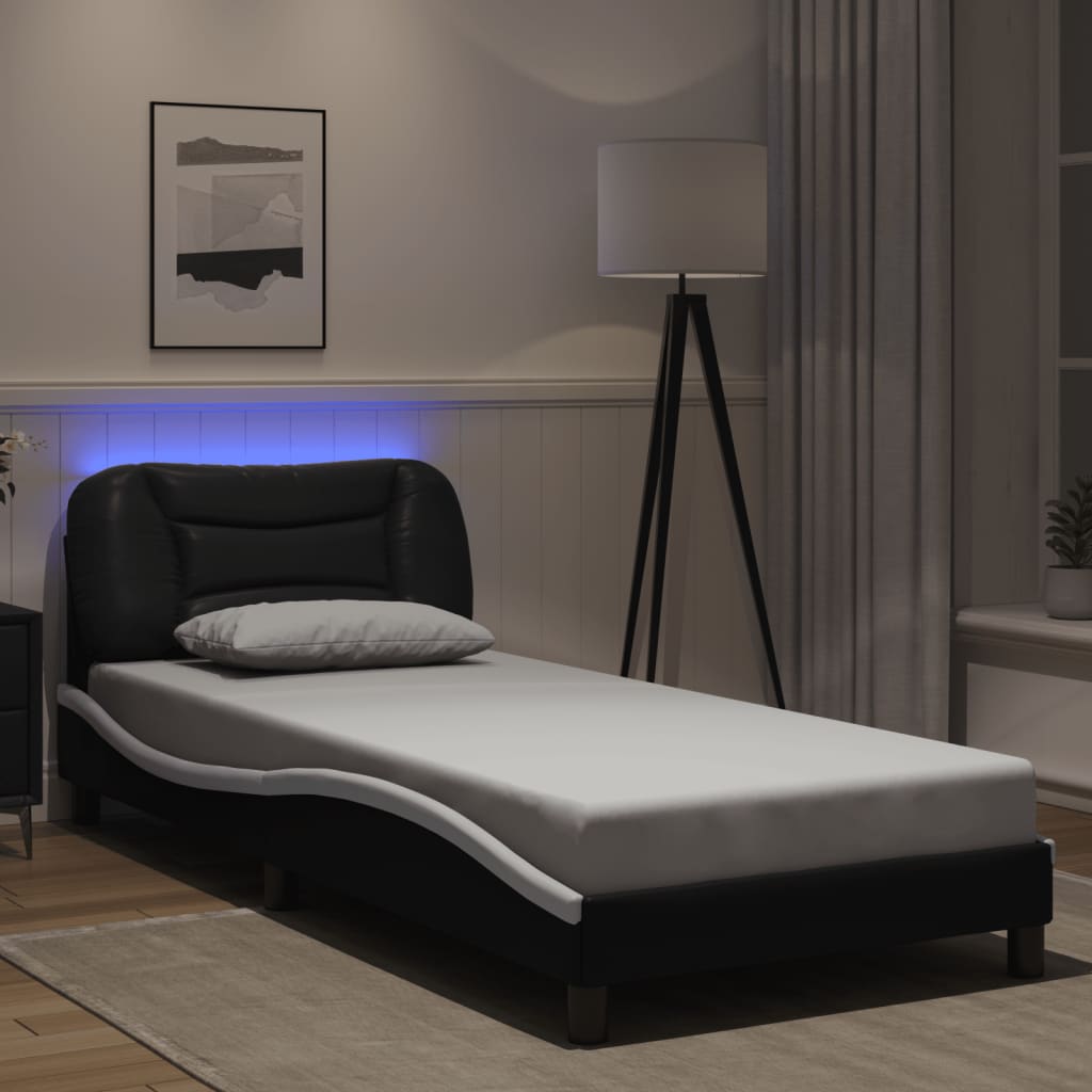 Bettgestell mit LED ohne Matratze "Hvar" Schwarz und Weiß 90x200 cm Kunstleder