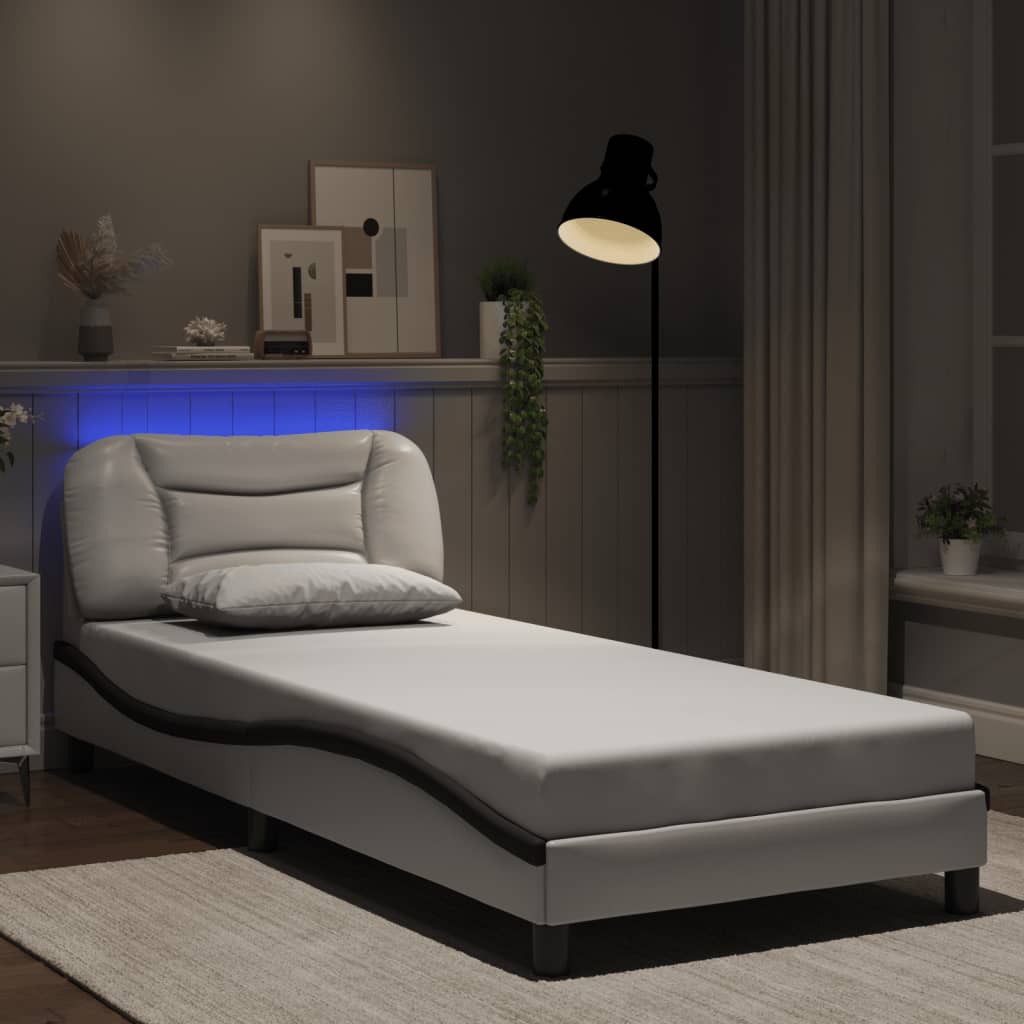 Bettgestell mit LED ohne Matratze "Hvar" Weiß und Schwarz 90x200 cm Kunstleder