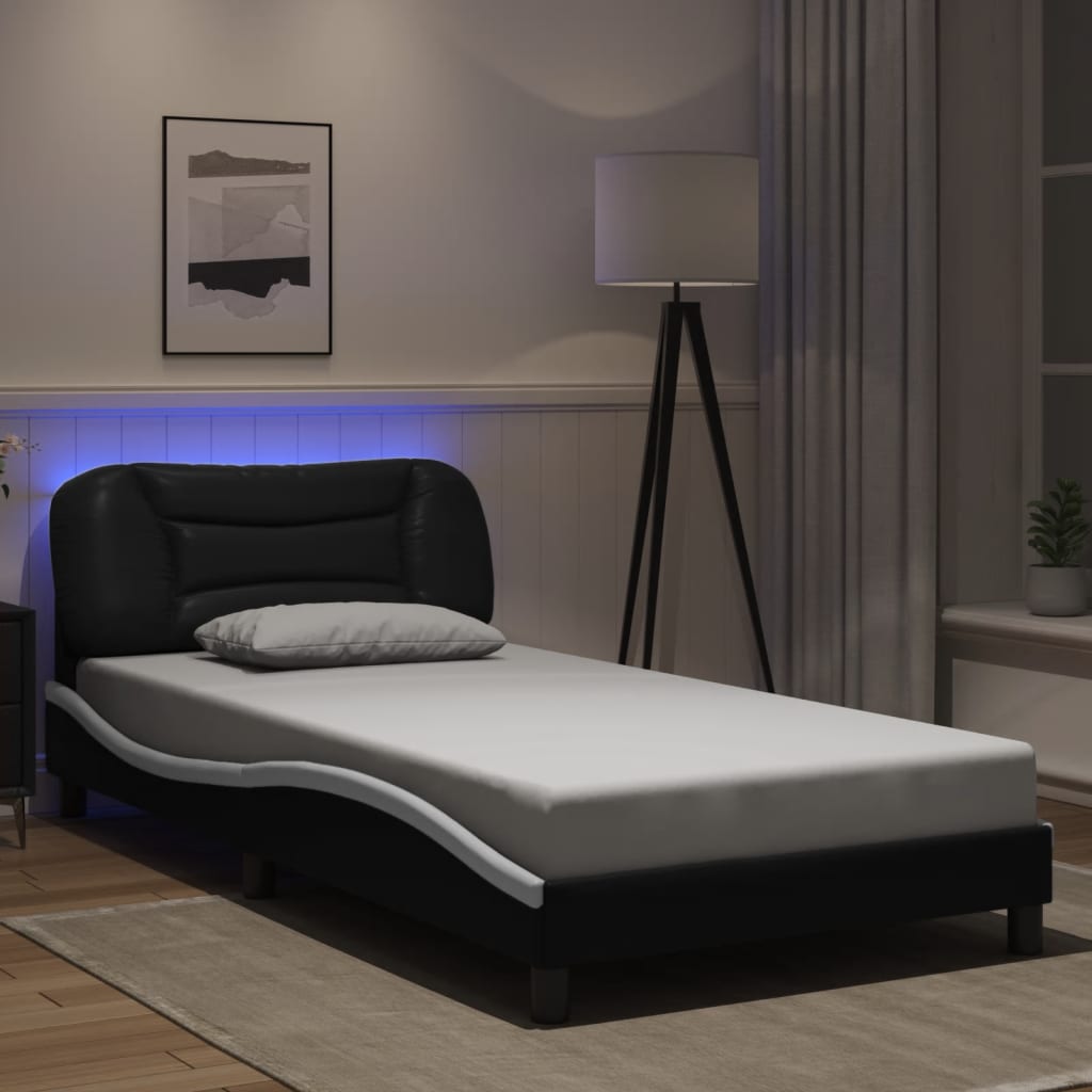 Bettgestell mit LED ohne Matratze "Hvar" Schwarz und Weiß 100x200 cm Kunstleder