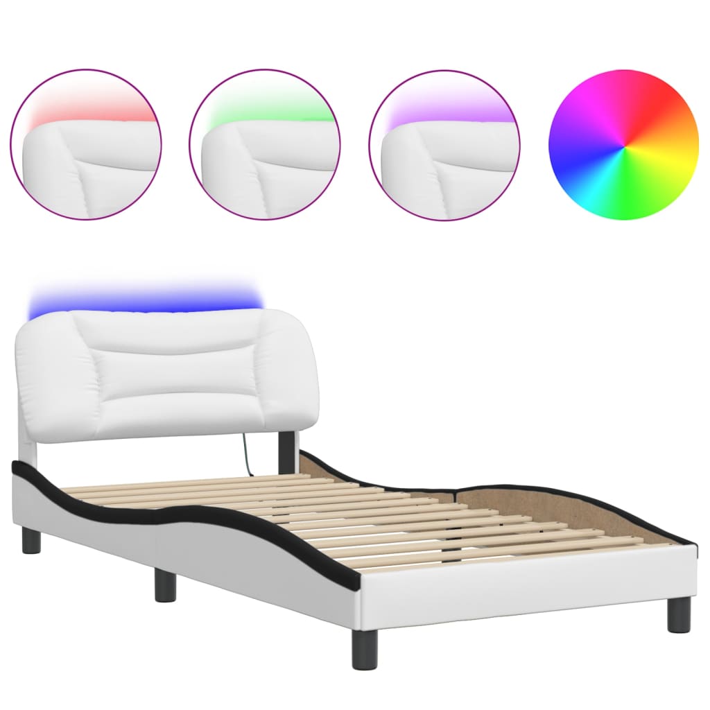 Bettgestell mit LED ohne Matratze "Hvar" Weiß und Schwarz 100x200 cm Kunstleder