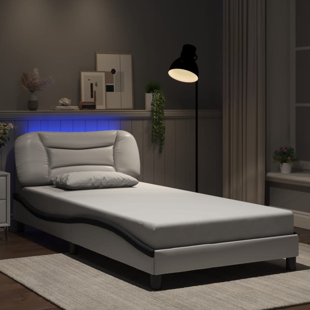 Bettgestell mit LED ohne Matratze "Hvar" Weiß und Schwarz 100x200 cm Kunstleder