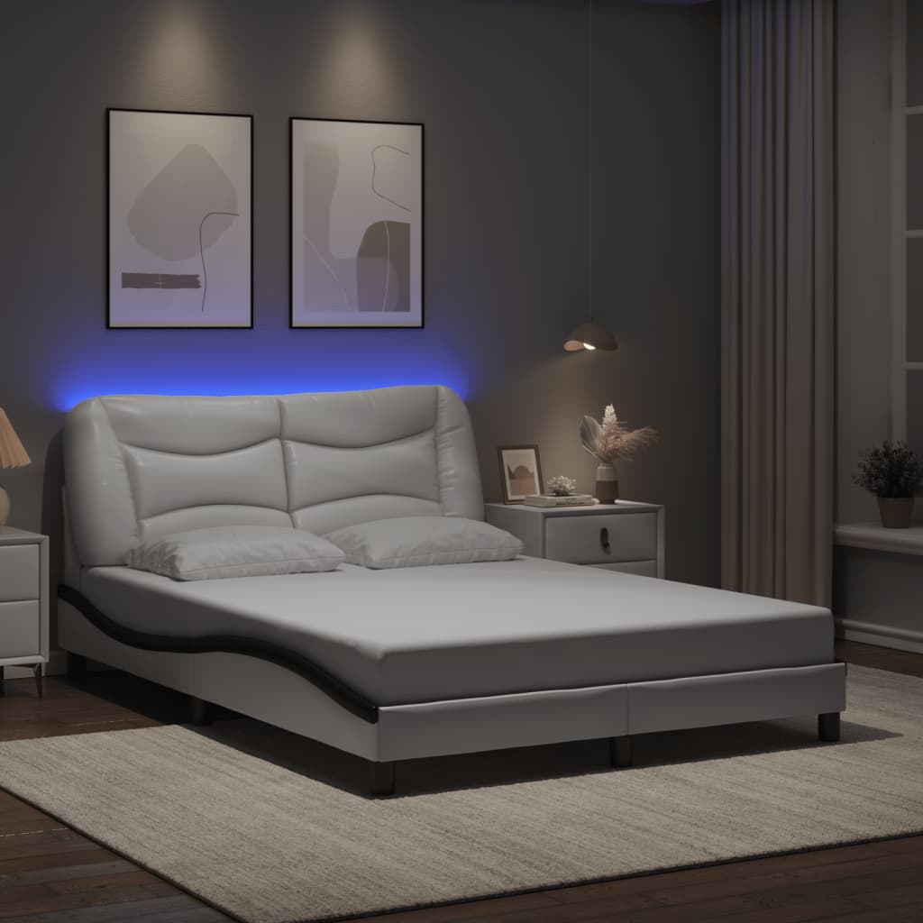Bettgestell mit LED ohne Matratze "Hvar" Weiß und Schwarz 140x200 cm Kunstleder