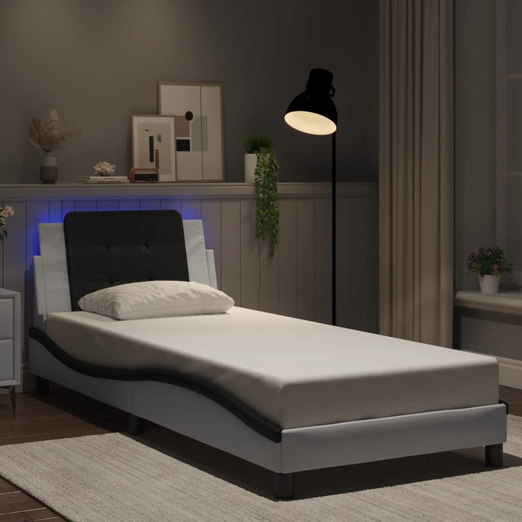 Bettgestell mit LED ohne Matratze "Zadar" Weiß und Schwarz 90x190 cm Kunstleder