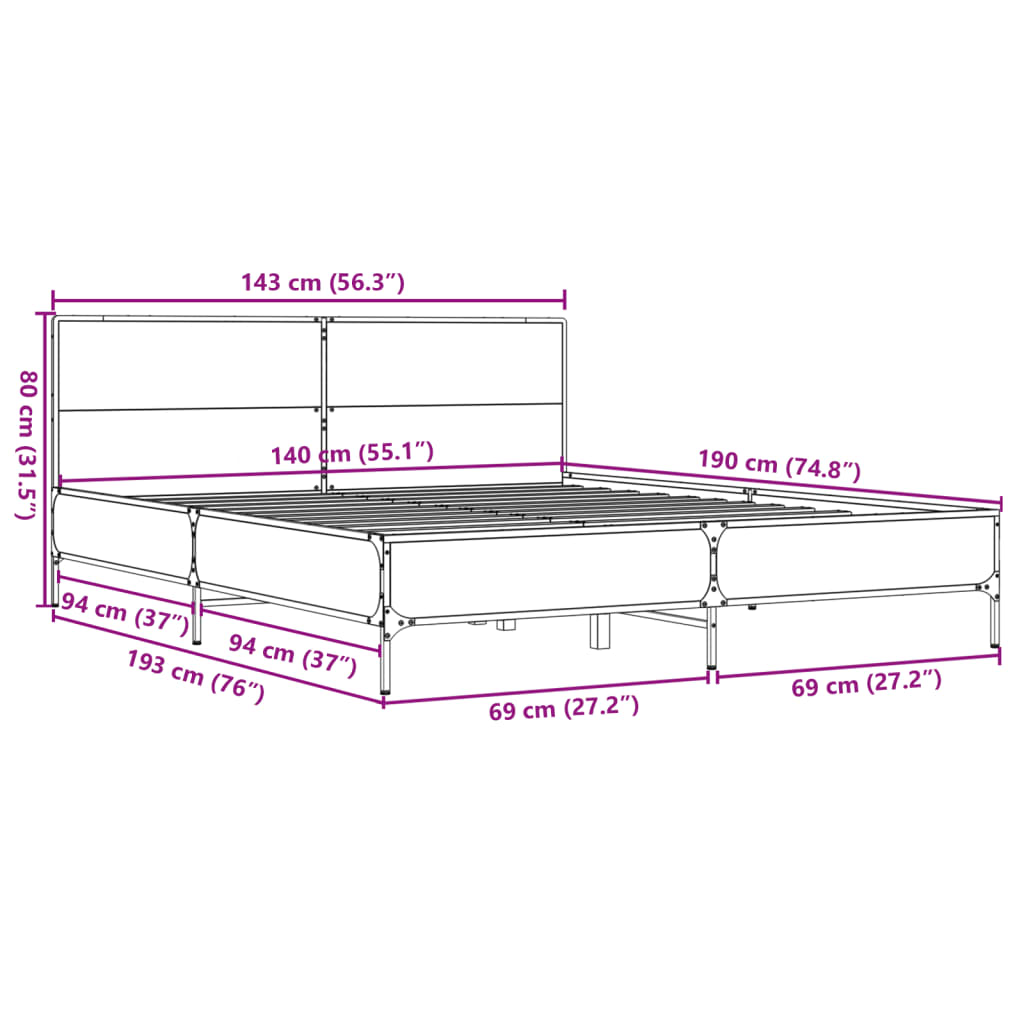 Bettgestell Räuchereiche 140x190 cm Holzwerkstoff und Metall