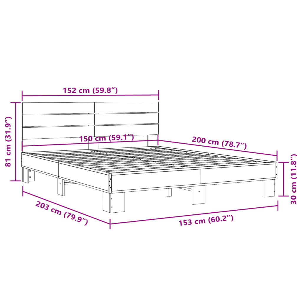 Bettgestell Räuchereiche 150x200 cm Holzwerkstoff und Metall