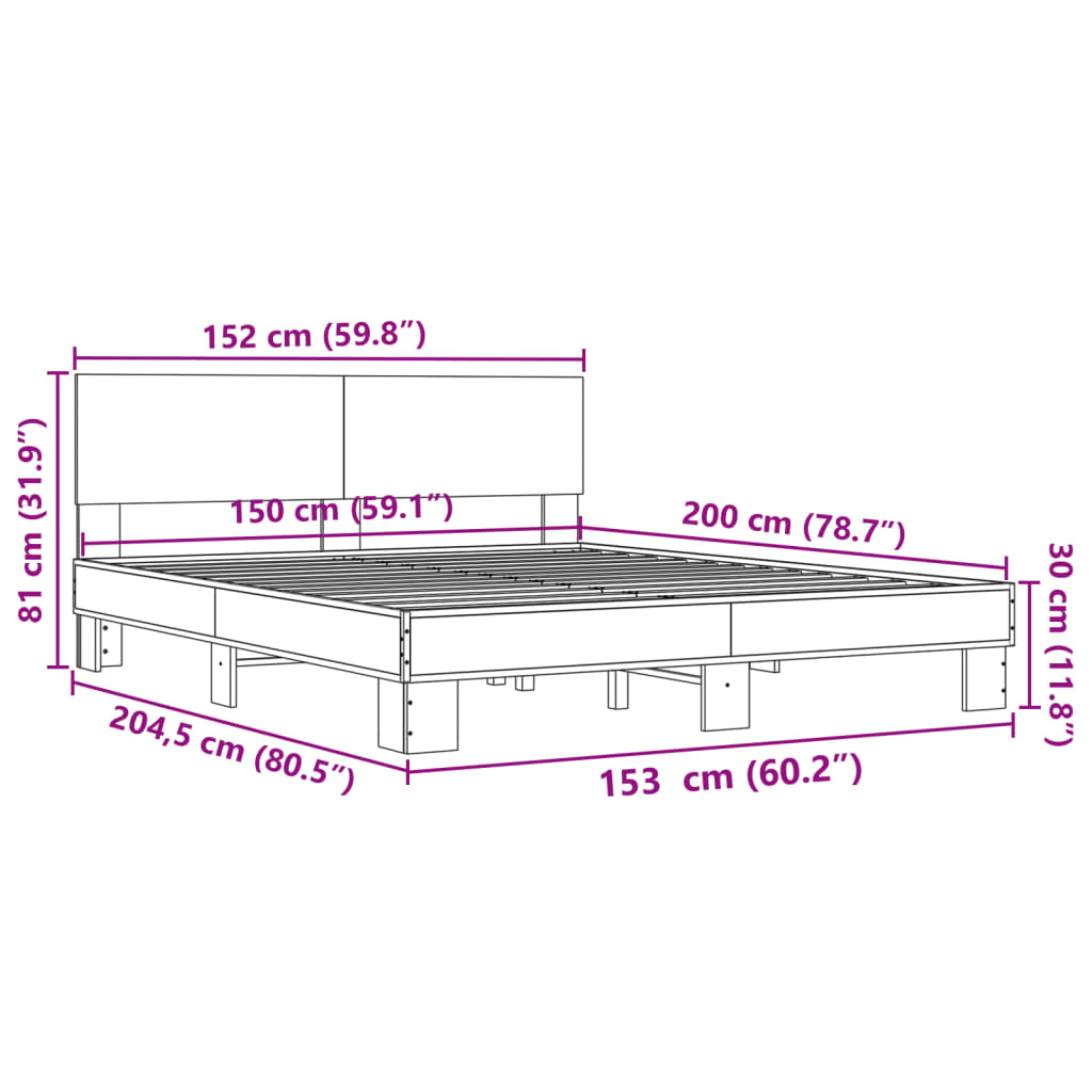 Bettgestell Räuchereiche 150x200 cm Holzwerkstoff und Metall